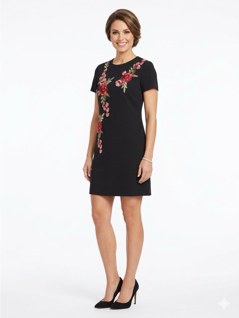 Madison Leigh Black Shift Dress with Red Floral Embroidery Size 6